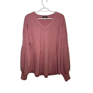 BTFBM Pink Ribbed Balloon‎ Sleeve V Neck Oversized Pocket Sweater Womens XL